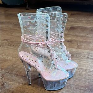 Pleaser Clear and Pink Glitter Heels